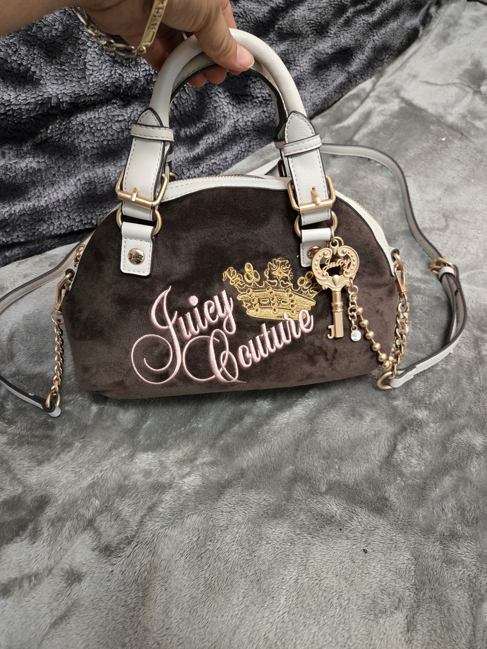 Juicy Couture Brown Velvet Logo Satchel with Cream Handles